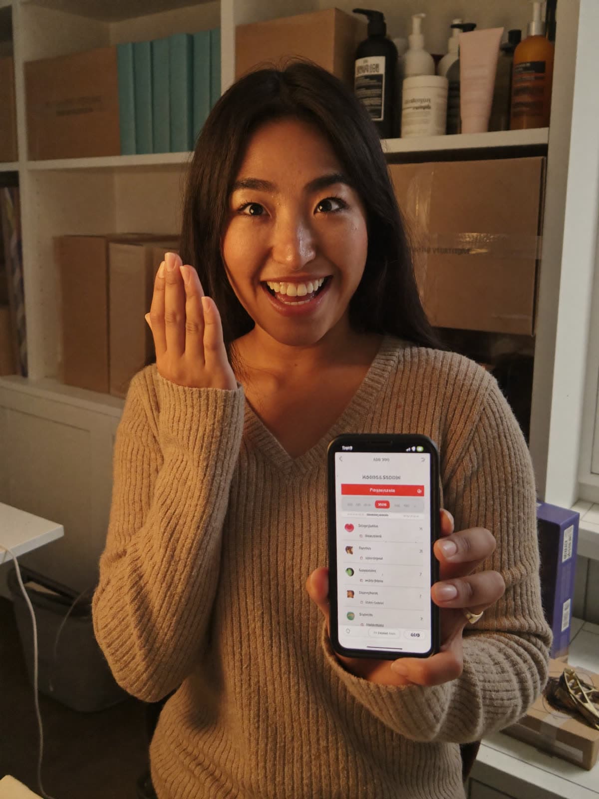 A creator smiles at her phone in her home studio, with shipping boxes behind her